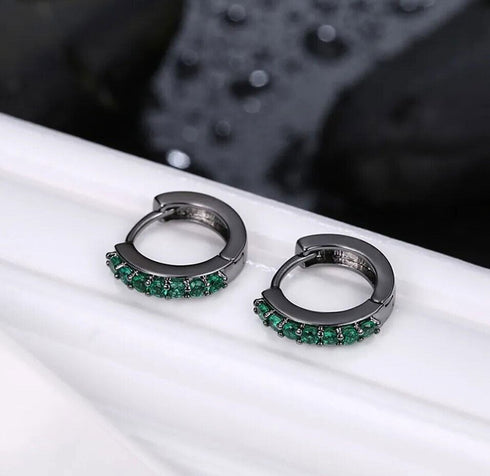 Gun Black Rhodium Plated Green Cubic Zirconia Men & Women Huggie Hoop Earrings